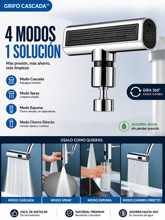Grifo Cascada 4 en 1 ™ – Aumenta la presión y ahorra agua mientras limpias en segundos