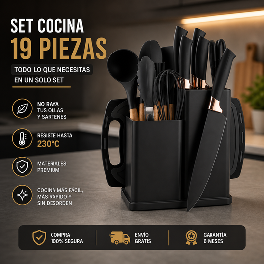 Set Cocina 19 Piezas™ – Deja el desorden y cocina fácil sin dañar tus ollas